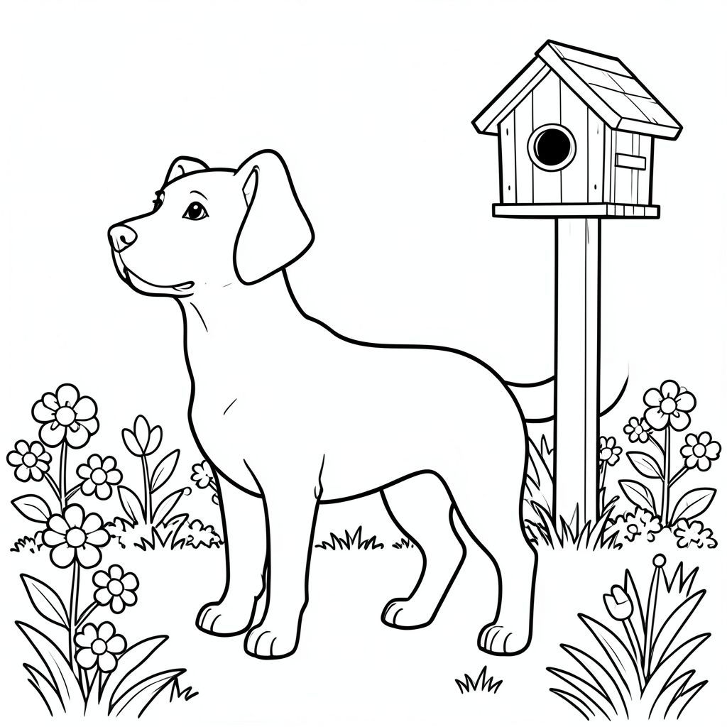 solo, chủ đề đơn, một đầu, hai mắt, hai tai, bốn chân, một đuôi, tỷ lệ tự nhiên, quy mô thích hợp trong môi trường, đúng giải phẫu,, vườn nắng, sân sau, cực, chuồng chim bằng gỗ, nhỏ, đơn giản, dọn dẹp, vườn, hoa, cỏ, tô màu, nghệ thuật đường, nền trắng, solo, chủ đề đơn, đúng về mặt giải phẫu, giải phẫu hoàn hảo