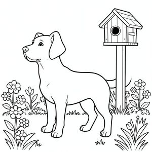 solo, chủ đề đơn, một đầu, hai mắt, hai tai, bốn chân, một đuôi, tỷ lệ tự nhiên, quy mô thích hợp trong môi trường, đúng giải phẫu,, vườn nắng, sân sau, cực, chuồng chim bằng gỗ, nhỏ, đơn giản, dọn dẹp, vườn, hoa, cỏ, tô màu, nghệ thuật đường, nền trắng, solo, chủ đề đơn, đúng về mặt giải phẫu, giải phẫu hoàn hảo