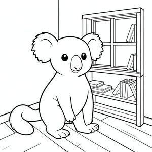 solo, chủ đề đơn, một đầu, hai mắt, hai tai, bốn chân, một đuôi, tỷ lệ tự nhiên, quy mô thích hợp trong môi trường, đúng về mặt giải phẫu, Koala, Kệ đồ chơi, chỗ ngồi cửa sổ, sàn nhà, bằng gỗ, đơn giản, sạch sẽ, không gian, nhỏ, phòng, sách, trang màu, nghệ thuật đường, nền trắng, solo, chủ đề đơn, đúng về mặt giải phẫu, giải phẫu hoàn hảo