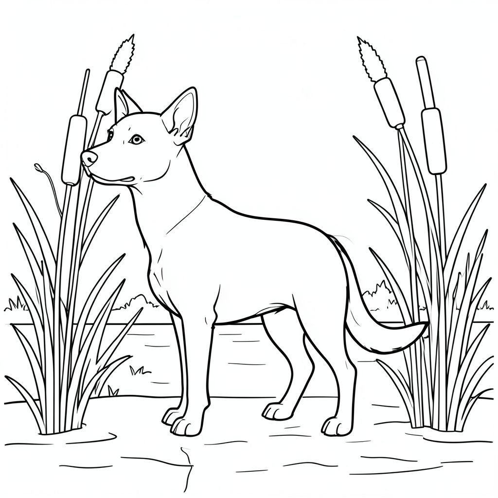 solo, chủ đề đơn, một đầu, hai mắt, hai tai, bốn chân, một đuôi, tỷ lệ tự nhiên, quy mô thích hợp trong môi trường, đúng giải phẫu,, sậy, cao, đuôi mèo, bờ sông, điềm tĩnh, nước, ánh sáng mặt trời, đơn giản, dọn dẹp, lý lịch, trang màu, nghệ thuật đường, nền trắng, solo, chủ đề đơn, đúng về mặt giải phẫu, giải phẫu hoàn hảo