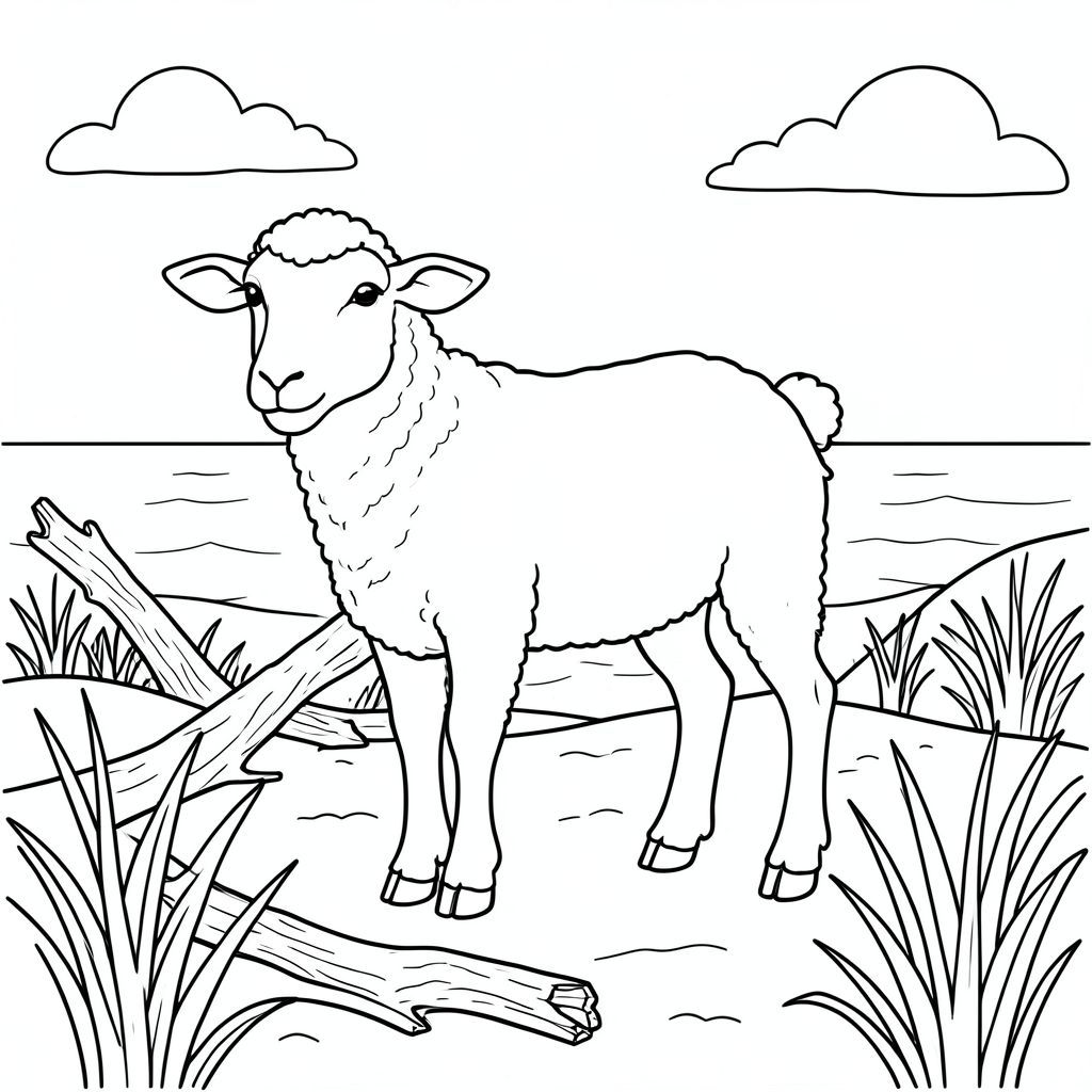 solo, chủ đề đơn, một đầu, hai mắt, hai tai, bốn chân, một đuôi, tỷ lệ tự nhiên, quy mô thích hợp trong môi trường, đúng giải phẫu, Cừu, Lũa, cỏ bãi biển, Cồn cát, bờ biển, cát, nước trong, Bầu trời, Ánh sáng mặt trời, nền đơn giản, dọn dẹp, trang màu, nghệ thuật đường, nền trắng, solo, chủ đề đơn, đúng về giải phẫu, giải phẫu hoàn hảo