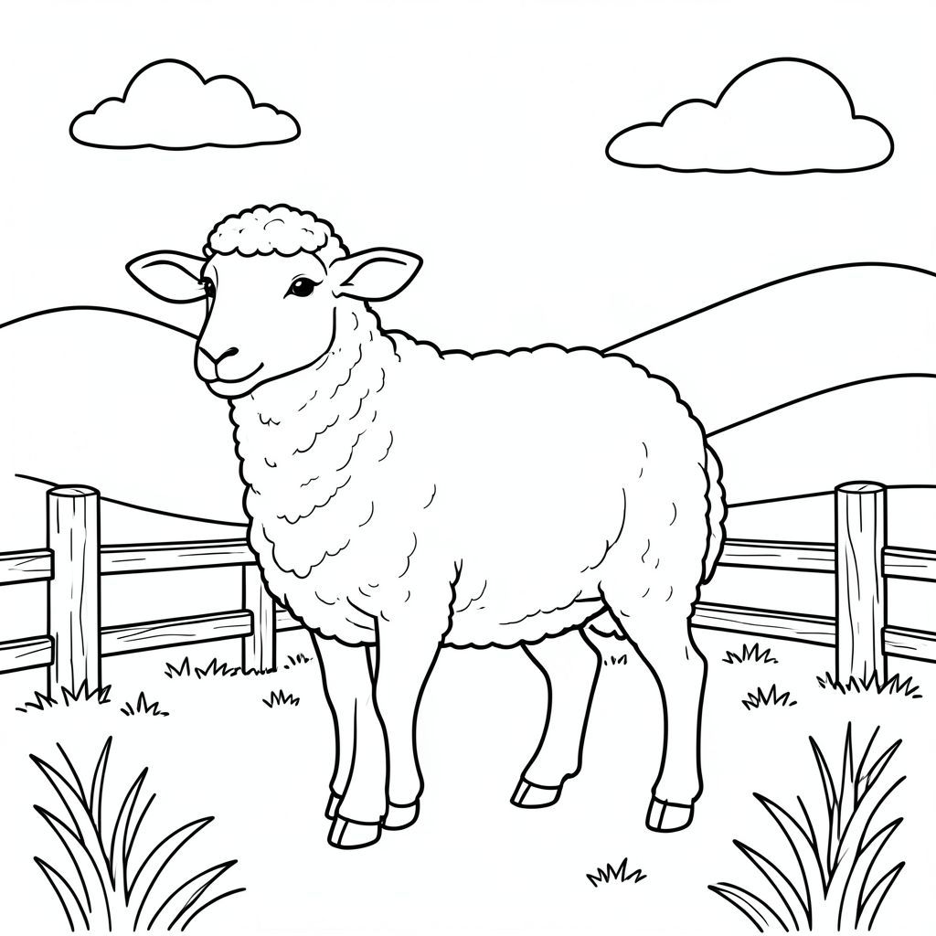 solo, chủ đề đơn, một đầu, hai mắt, hai tai, bốn chân, một đuôi, tỷ lệ tự nhiên, quy mô thích hợp trong môi trường, đúng giải phẫu, Cừu, đồng cỏ, đồi thoai thoải, hàng rào đơn giản, bài gỗ, bầu trời quang đãng, ánh sáng mặt trời, mềm mại, mộc mạc, yên bình, yên tĩnh, tô màu, nghệ thuật đường, nền trắng, solo, chủ đề đơn, đúng giải phẫu, giải phẫu hoàn hảo