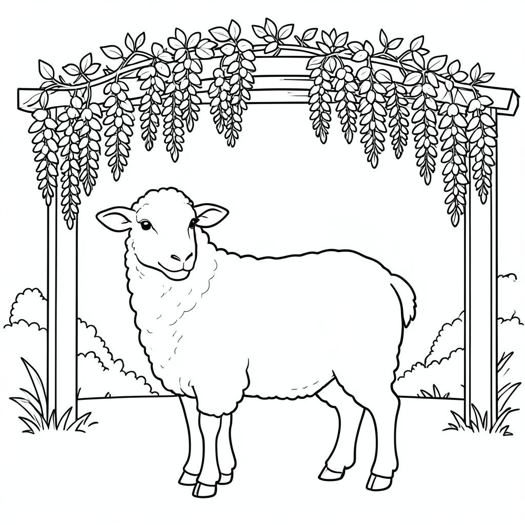 solo, chủ đề đơn, một đầu, hai mắt, hai tai, bốn chân, một đuôi, tỷ lệ tự nhiên, quy mô thích hợp trong môi trường, đúng về mặt giải phẫu, Cừu, Pergola, hoa tử đằng, nở hoa, Cụm treo, vườn, đơn giản, sạch sẽ, lý lịch, thoáng mát, Bầu trời, trang màu, nghệ thuật đường, nền trắng, solo, chủ đề đơn, chính xác về mặt giải phẫu, giải phẫu hoàn hảo