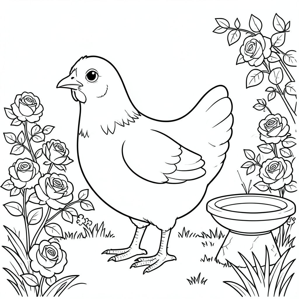 solo, một con chim, một đầu, hai mắt, một mỏ, hai cánh, hai chân, một đuôi, tỷ lệ tự nhiên, quy mô thích hợp trong môi trường, đúng giải phẫu, gà, vườn, hoa hồng, băng ghế đá, chim tắm, ánh sáng mặt trời, cỏ, tán lá, nền đơn giản, dọn dẹp, hình minh họa, trang tô màu, nghệ thuật đường, nền trắng, solo, chủ đề đơn, chính xác về mặt giải phẫu, giải phẫu hoàn hảo