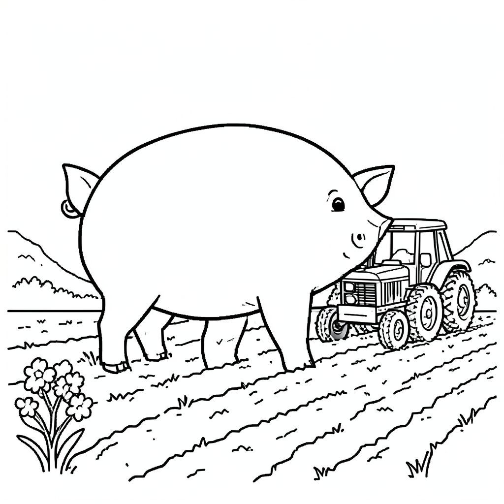 solo, chủ đề đơn, một đầu, hai mắt, hai tai, bốn chân, một đuôi, tỷ lệ tự nhiên, quy mô thích hợp trong môi trường, đúng giải phẫu, Con lợn, cánh đồng cày, mùa xuân, trồng cây, máy kéo, nhỏ, đơn giản, sạch sẽ, lý lịch, Retro, nghệ thuật pixel, trang màu, nghệ thuật đường nét, nền trắng, solo, chủ đề đơn, đúng về mặt giải phẫu, giải phẫu hoàn hảo