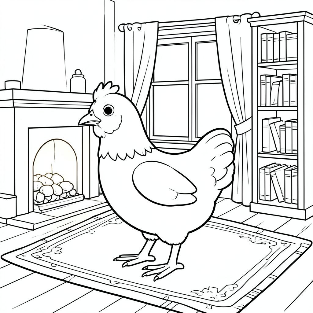 solo, một con chim, một đầu, hai mắt, một mỏ, hai cánh, hai chân, một đuôi, tỷ lệ tự nhiên, quy mô thích hợp trong môi trường, đúng giải phẫu, gà, lò sưởi, thảm, sàn gỗ, cửa sổ, rèm cửa, giá sách, mềm mại, ánh sáng ấm áp, đơn giản, sạch sẽ, trang màu, nghệ thuật đường, nền trắng, solo, chủ đề đơn, chính xác về mặt giải phẫu, giải phẫu hoàn hảo