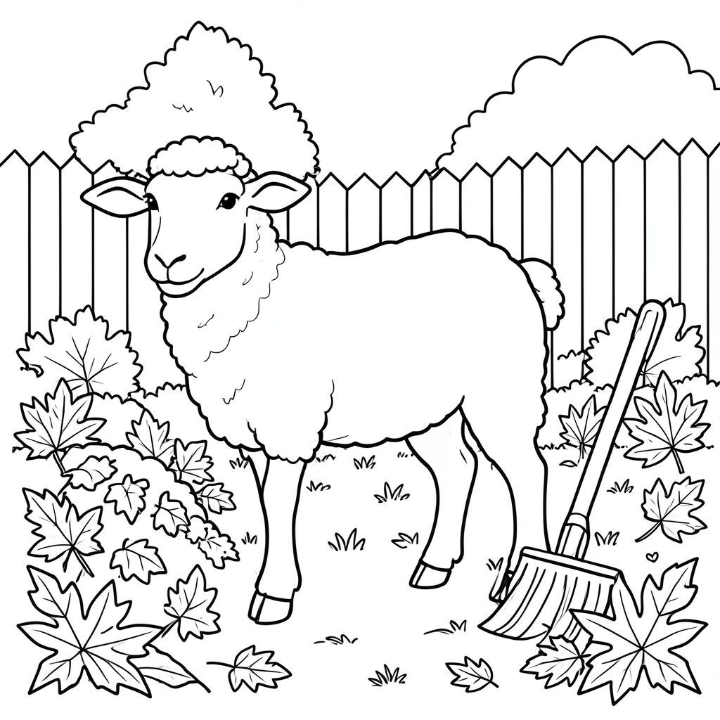 solo, chủ đề đơn, một đầu, hai mắt, hai tai, bốn chân, một đuôi, tỷ lệ tự nhiên, quy mô thích hợp trong môi trường, đúng giải phẫu, Cừu, Mùa thu, sân sau, lá, cọc, ấm áp, nắng, đơn giản, sạch sẽ, cào, trắng, trang màu, nghệ thuật đường, nền trắng, solo, chủ đề đơn, đúng về mặt giải phẫu, giải phẫu hoàn hảo