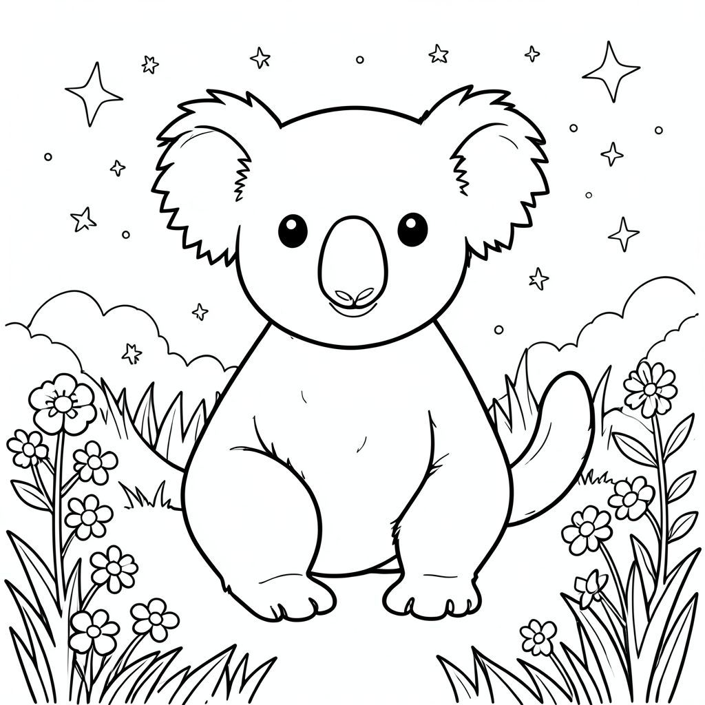 solo, chủ đề đơn, một đầu, hai mắt, hai tai, bốn chân, một đuôi, tỷ lệ tự nhiên, quy mô thích hợp trong môi trường, đúng giải phẫu, Koala, buổi tối ấm áp, đồng cỏ, sân sau, đom đóm, các ngôi sao, bầu trời, cỏ, hoa, mềm, nền đơn giản, trang màu, nghệ thuật đường, nền trắng, solo, chủ đề đơn, đúng về mặt giải phẫu, giải phẫu hoàn hảo