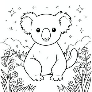 solo, chủ đề đơn, một đầu, hai mắt, hai tai, bốn chân, một đuôi, tỷ lệ tự nhiên, quy mô thích hợp trong môi trường, đúng giải phẫu, Koala, buổi tối ấm áp, đồng cỏ, sân sau, đom đóm, các ngôi sao, bầu trời, cỏ, hoa, mềm, nền đơn giản, trang màu, nghệ thuật đường, nền trắng, solo, chủ đề đơn, đúng về mặt giải phẫu, giải phẫu hoàn hảo