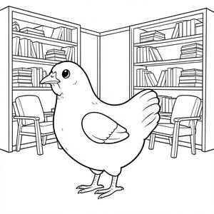 solo, một con chim, một đầu, hai mắt, một mỏ, hai cánh, hai chân, một đuôi, tỷ lệ tự nhiên, quy mô thích hợp trong môi trường, đúng giải phẫu, gà, giá sách, kệ, ngăn xếp, trà, ghế đọc, đọc sách, yên tĩnh, đơn giản, sạch sẽ, nội địa, trang màu, nghệ thuật đường, nền trắng, solo, chủ đề đơn, đúng giải phẫu, giải phẫu hoàn hảo