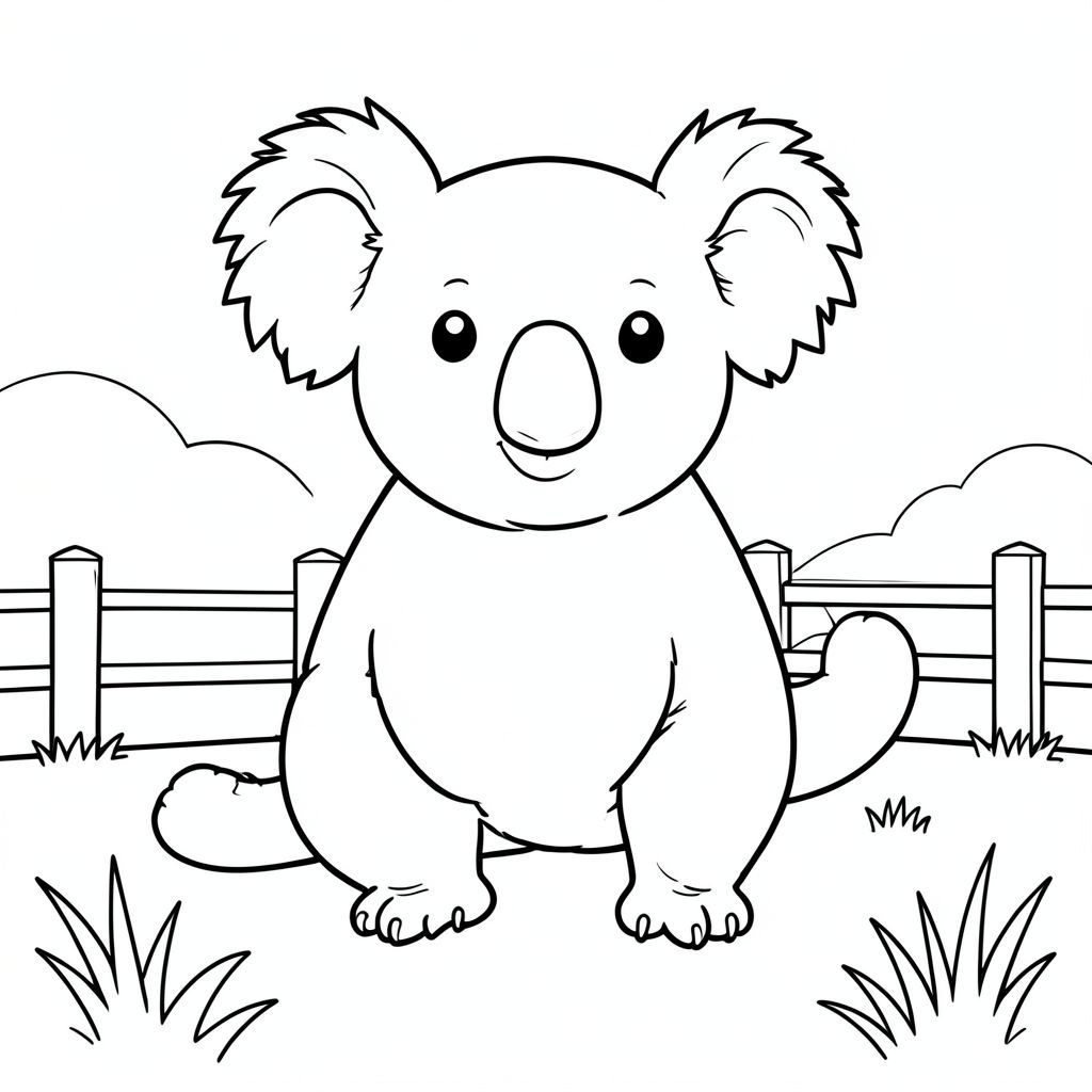 solo, chủ đề đơn, một đầu, hai mắt, hai tai, bốn chân, một đuôi, tỷ lệ tự nhiên, quy mô thích hợp trong môi trường, đúng giải phẫu, Koala, cỏ, không gian mở, hàng rào đơn giản, môi trường sạch sẽ, nền nhỏ, đơn giản, thuần khiết, sách truyện, tinh khiết, trang màu, nghệ thuật đường, nền trắng, solo, chủ đề đơn, đúng về mặt giải phẫu, giải phẫu hoàn hảo