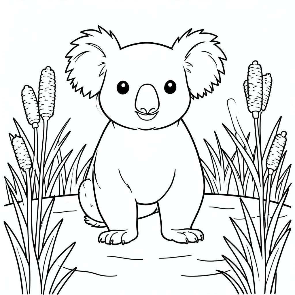 solo, chủ đề đơn, một đầu, hai mắt, hai tai, bốn chân, một đuôi, tỷ lệ tự nhiên, quy mô thích hợp trong môi trường, chính xác về mặt giải phẫu, Koala, Cattails, bulrushes, ao đất ngập nước, nhỏ, đơn giản, sạch sẽ, lý lịch, cánh đồng, cây xanh, Nước, trang tô màu, nghệ thuật đường, nền trắng, Solo, chủ đề đơn, chính xác về mặt giải phẫu, giải phẫu hoàn hảo