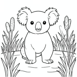 solo, chủ đề đơn, một đầu, hai mắt, hai tai, bốn chân, một đuôi, tỷ lệ tự nhiên, quy mô thích hợp trong môi trường, chính xác về mặt giải phẫu, Koala, Cattails, bulrushes, ao đất ngập nước, nhỏ, đơn giản, sạch sẽ, lý lịch, cánh đồng, cây xanh, Nước, trang tô màu, nghệ thuật đường, nền trắng, Solo, chủ đề đơn, chính xác về mặt giải phẫu, giải phẫu hoàn hảo