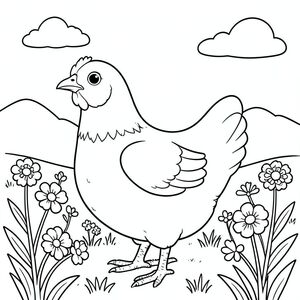 solo, một con chim, một đầu, hai mắt, một mỏ, hai cánh, hai chân, một đuôi, tỷ lệ tự nhiên, quy mô thích hợp trong môi trường, đúng giải phẫu, gà, hoa, cánh đồng, nắng, trong sáng, bầu trời, đơn giản, lý lịch, dọn dẹp, vẽ tay, vẽ nguệch ngoạc, trang tô màu, nghệ thuật đường, nền trắng, solo, chủ đề đơn, chính xác về mặt giải phẫu, giải phẫu hoàn hảo