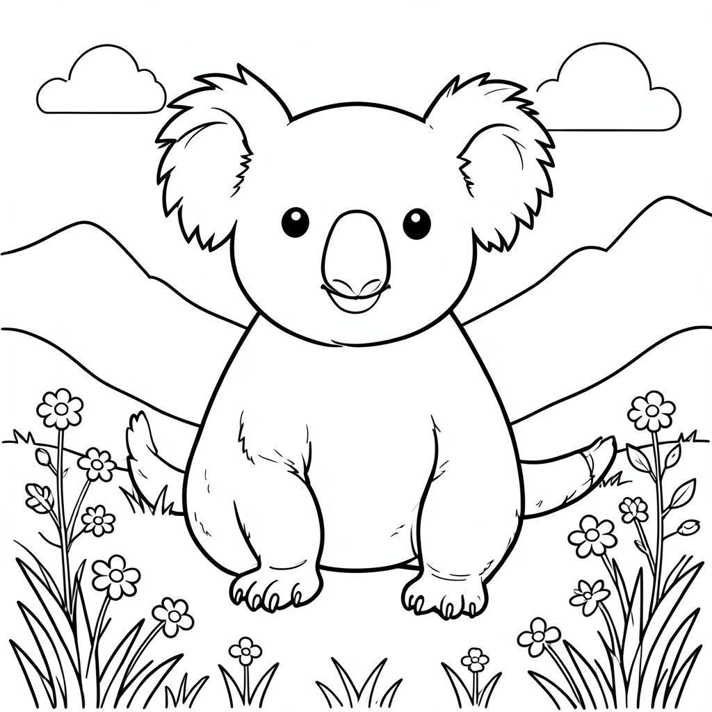 solo, chủ đề đơn, một đầu, hai mắt, hai tai, bốn chân, một đuôi, tỷ lệ tự nhiên, quy mô thích hợp trong môi trường, đúng giải phẫu, Koala, Đồng cỏ núi cao, hoa nhỏ, cỏ, ánh sáng mặt trời, bầu trời quang đãng, nền đơn giản, đường sạch, ngây thơ, sách truyện, thuần khiết, trang màu, nghệ thuật đường, nền trắng, solo, chủ đề đơn, đúng giải phẫu, giải phẫu hoàn hảo
