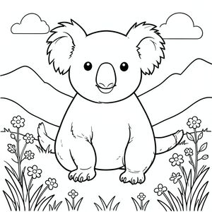 solo, chủ đề đơn, một đầu, hai mắt, hai tai, bốn chân, một đuôi, tỷ lệ tự nhiên, quy mô thích hợp trong môi trường, đúng giải phẫu, Koala, Đồng cỏ núi cao, hoa nhỏ, cỏ, ánh sáng mặt trời, bầu trời quang đãng, nền đơn giản, đường sạch, ngây thơ, sách truyện, thuần khiết, trang màu, nghệ thuật đường, nền trắng, solo, chủ đề đơn, đúng giải phẫu, giải phẫu hoàn hảo