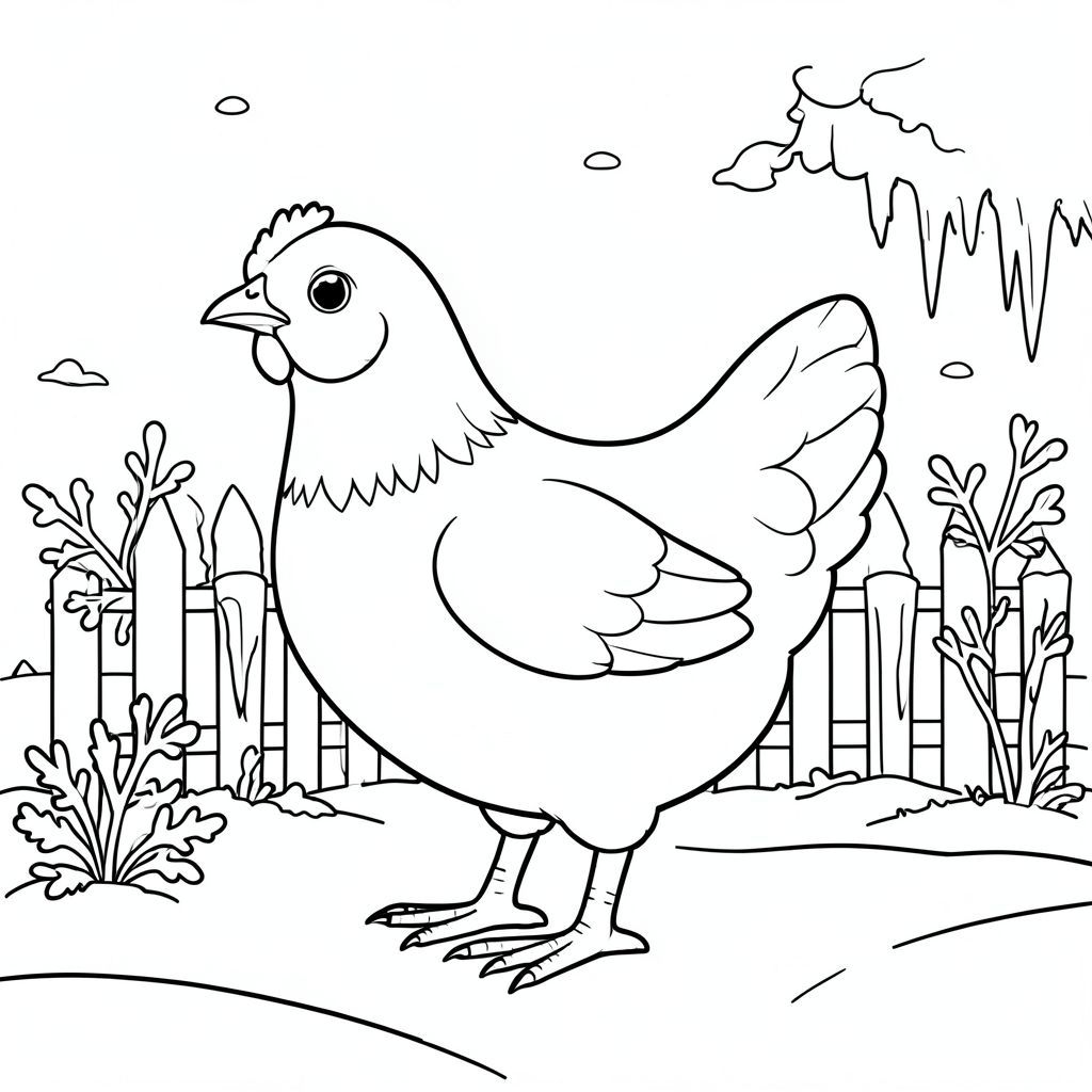 solo, một con chim, một đầu, hai mắt, một mỏ, hai cánh, hai chân, một đuôi, tỷ lệ tự nhiên, quy mô thích hợp trong môi trường, đúng giải phẫu, gà, sương giá, mùa đông, vườn, hàng rào, băng, tuyết, trắng, dọn dẹp, đơn giản, lý lịch, tô màu, nghệ thuật đường, nền trắng, solo, chủ đề đơn, đúng về mặt giải phẫu, giải phẫu hoàn hảo