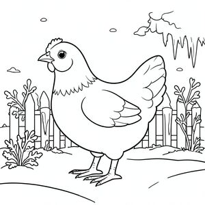 solo, một con chim, một đầu, hai mắt, một mỏ, hai cánh, hai chân, một đuôi, tỷ lệ tự nhiên, quy mô thích hợp trong môi trường, đúng giải phẫu, gà, sương giá, mùa đông, vườn, hàng rào, băng, tuyết, trắng, dọn dẹp, đơn giản, lý lịch, tô màu, nghệ thuật đường, nền trắng, solo, chủ đề đơn, đúng về mặt giải phẫu, giải phẫu hoàn hảo