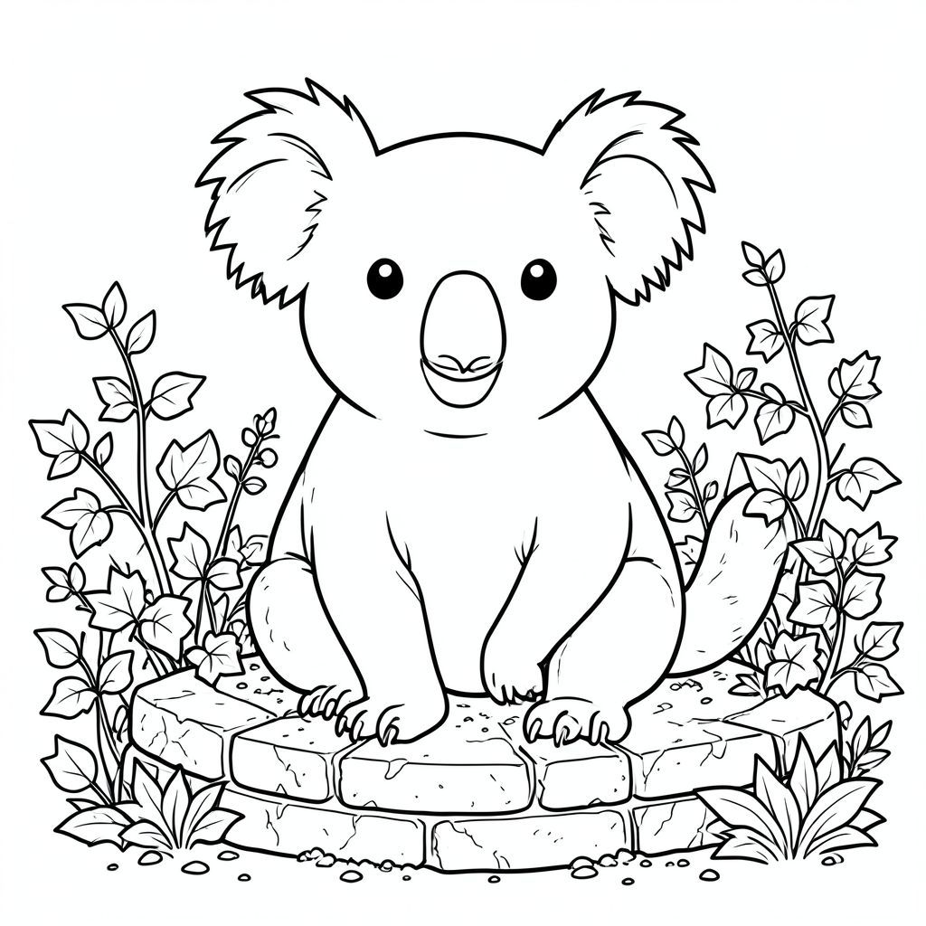 solo, chủ đề đơn, một đầu, hai mắt, hai tai, bốn chân, một đuôi, tỷ lệ tự nhiên, quy mô thích hợp trong môi trường, đúng giải phẫu, Koala, giếng đá, vườn, cây thường xuân, tán lá, đất, đá phong hóa, nhỏ, nông thôn, yên bình, yên tĩnh, tô màu, nghệ thuật đường, nền trắng, solo, chủ đề đơn, đúng giải phẫu, giải phẫu hoàn hảo