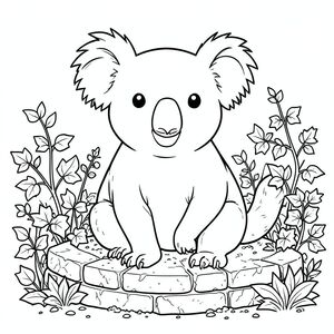 solo, chủ đề đơn, một đầu, hai mắt, hai tai, bốn chân, một đuôi, tỷ lệ tự nhiên, quy mô thích hợp trong môi trường, đúng giải phẫu, Koala, giếng đá, vườn, cây thường xuân, tán lá, đất, đá phong hóa, nhỏ, nông thôn, yên bình, yên tĩnh, tô màu, nghệ thuật đường, nền trắng, solo, chủ đề đơn, đúng giải phẫu, giải phẫu hoàn hảo