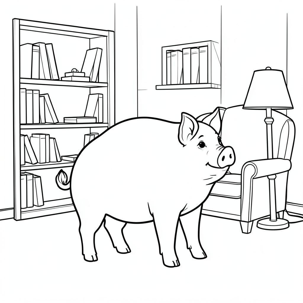 solo, chủ đề đơn, một đầu, hai mắt, hai tai, bốn chân, một đuôi, tỷ lệ tự nhiên, quy mô thích hợp trong môi trường, đúng về mặt giải phẫu, Con lợn, Giá sách, ghế bành, đèn, Gỗ, nền đơn giản, sạch sẽ, Độc thân, nhỏ, ấm cúng, nội địa, trang màu, nghệ thuật đường nét, nền trắng, solo, chủ đề đơn, đúng về mặt giải phẫu, giải phẫu hoàn hảo