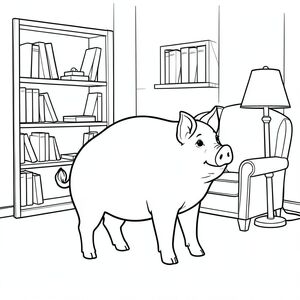 solo, chủ đề đơn, một đầu, hai mắt, hai tai, bốn chân, một đuôi, tỷ lệ tự nhiên, quy mô thích hợp trong môi trường, đúng về mặt giải phẫu, Con lợn, Giá sách, ghế bành, đèn, Gỗ, nền đơn giản, sạch sẽ, Độc thân, nhỏ, ấm cúng, nội địa, trang màu, nghệ thuật đường nét, nền trắng, solo, chủ đề đơn, đúng về mặt giải phẫu, giải phẫu hoàn hảo