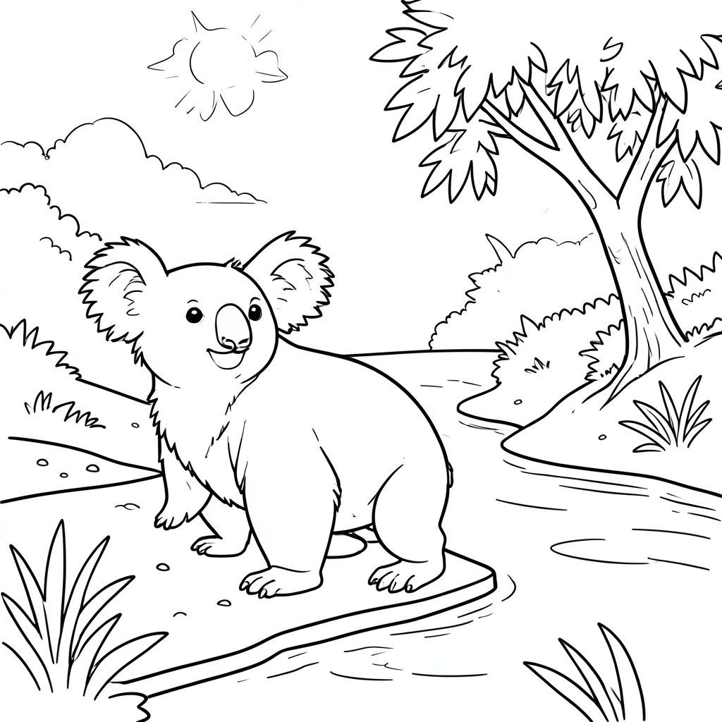 solo, chủ đề đơn, một đầu, hai mắt, hai tai, bốn chân, một đuôi, tỷ lệ tự nhiên, quy mô thích hợp trong môi trường, đúng giải phẫu, Koala, sông, uốn cong, cát, ngân hàng, cây, tán lá, ánh sáng mặt trời, trong sáng, điềm tĩnh, Nước, trang màu, nghệ thuật đường, nền trắng, solo, chủ đề đơn, đúng về mặt giải phẫu, giải phẫu hoàn hảo