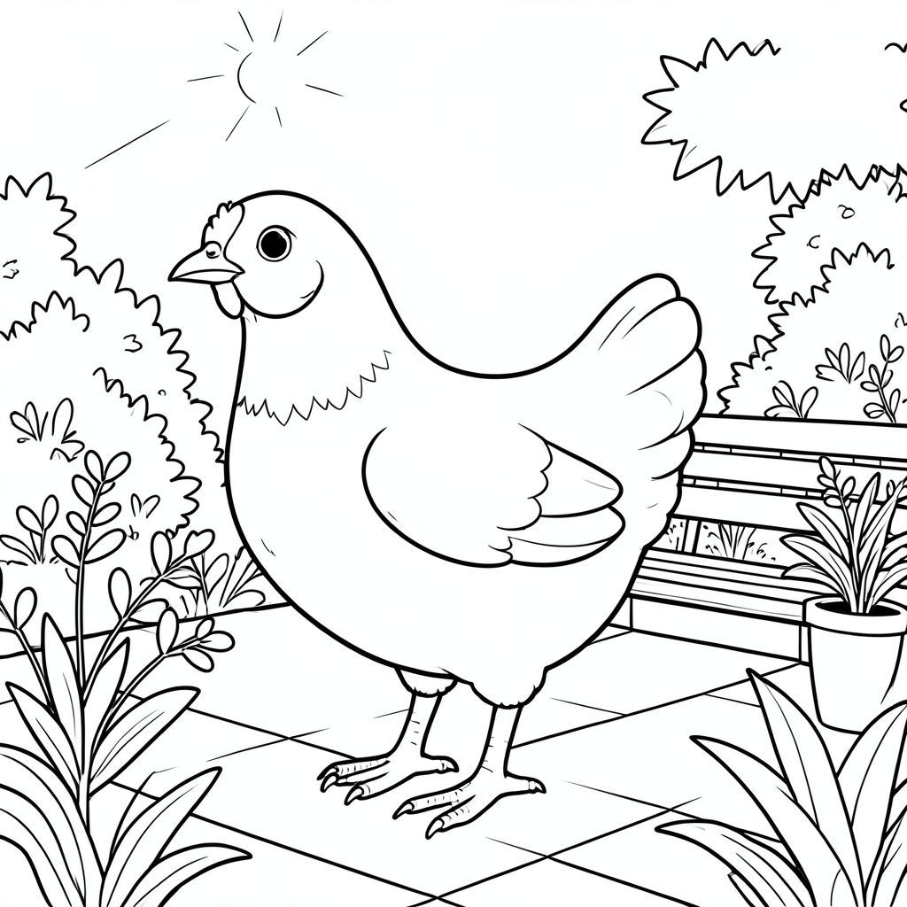 solo, một con chim, một đầu, hai mắt, một mỏ, hai cánh, hai chân, một đuôi, tỷ lệ tự nhiên, quy mô thích hợp trong môi trường, đúng về mặt giải phẫu, gà, Sân thượng, sân thượng, thực vật, băng ghế, đơn giản, dọn dẹp, lý lịch, tán lá, Ánh sáng mặt trời, xem, trang tô màu, nghệ thuật đường, nền trắng, solo, chủ đề đơn, chính xác về mặt giải phẫu, giải phẫu hoàn hảo