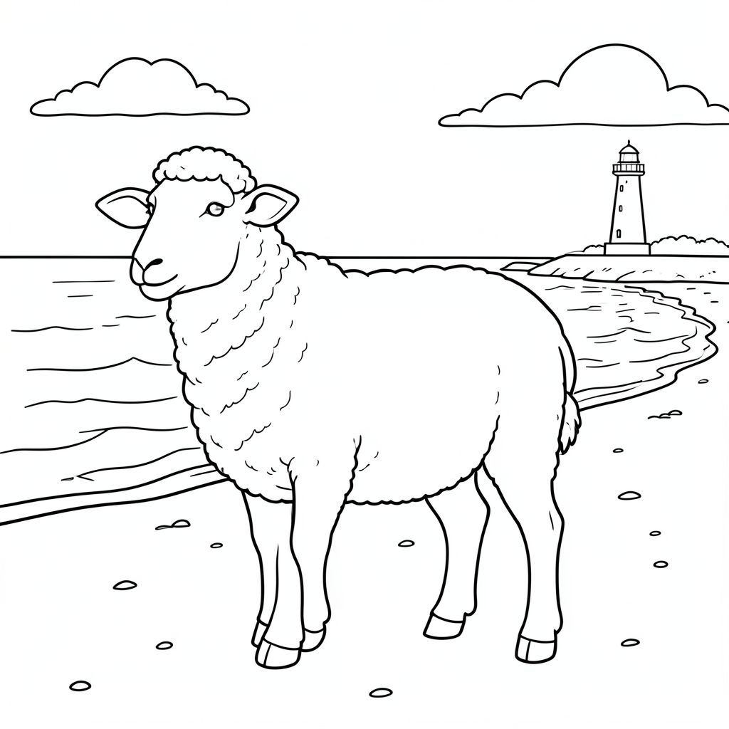 solo, chủ đề đơn, một đầu, hai mắt, hai tai, bốn chân, một đuôi, tỷ lệ tự nhiên, quy mô thích hợp trong môi trường, đúng giải phẫu, Cừu, bờ biển, bờ biển, cát, đại dương, nước trong, ngọn hải đăng, xa, đường chân trời, bầu trời, đám mây, trang màu, nghệ thuật đường, nền trắng, solo, chủ đề đơn, đúng giải phẫu, giải phẫu hoàn hảo