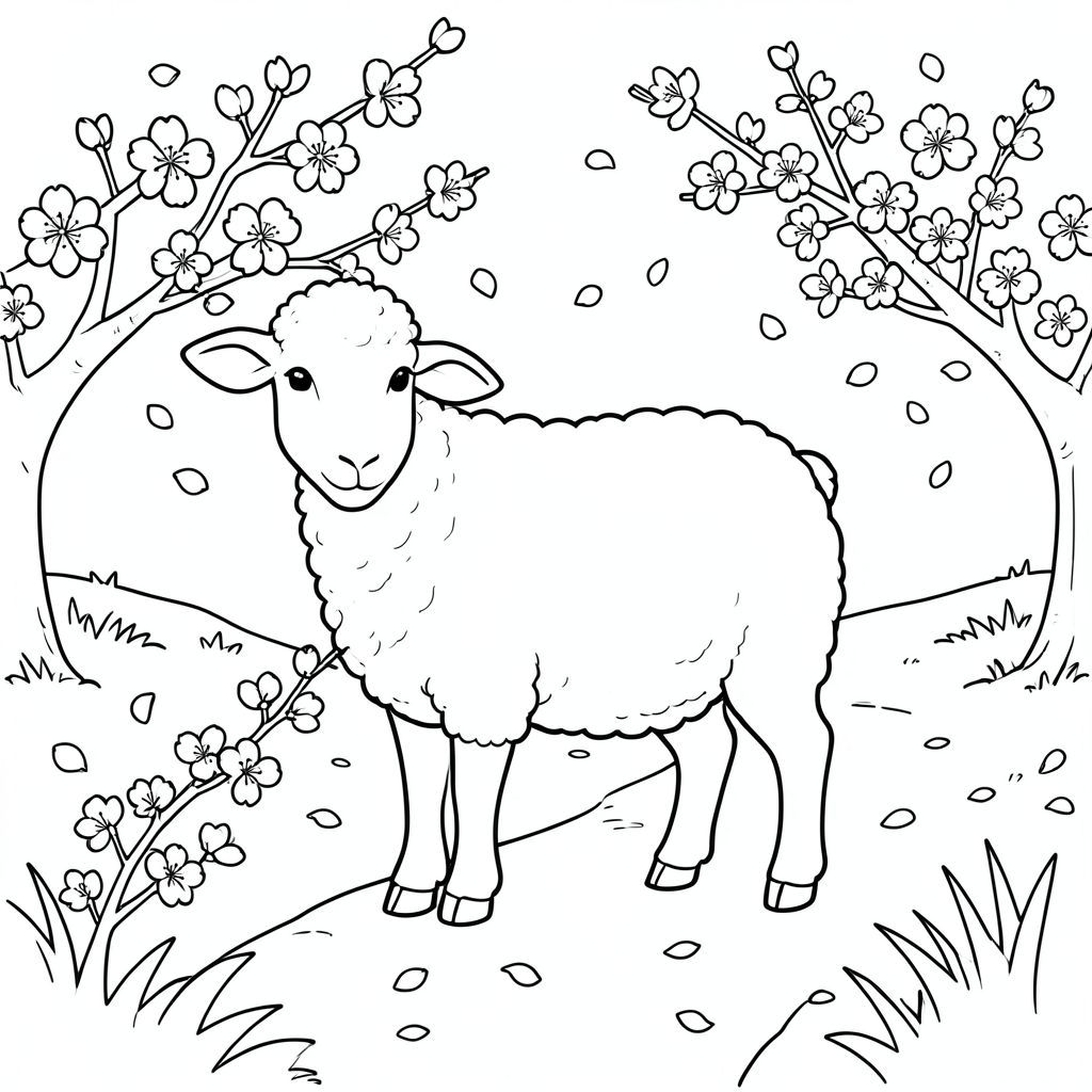 solo, chủ đề đơn, một đầu, hai mắt, hai tai, bốn chân, một đuôi, tỷ lệ tự nhiên, quy mô thích hợp trong môi trường, đúng giải phẫu, Cừu, hoa anh đào, con đường, công viên, mềm mại, rơi, Cánh hoa, nhẹ nhàng, đơn giản, dọn dẹp, lý lịch, tô màu, nghệ thuật đường, nền trắng, solo, chủ đề đơn, đúng về mặt giải phẫu, giải phẫu hoàn hảo