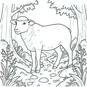 solo, chủ đề đơn, một đầu, hai mắt, hai tai, bốn chân, một đuôi, tỷ lệ tự nhiên, quy mô thích hợp trong môi trường, đúng về mặt giải phẫu, Cừu, Đường rừng cây, lốm đốm, chuông xanh, sàn rừng, rêu, đá, lá, bầu trời quang đãng, gió nhẹ, yên tĩnh, trang màu, nghệ thuật đường nét, nền trắng, solo, chủ đề đơn, đúng giải phẫu, giải phẫu hoàn hảo