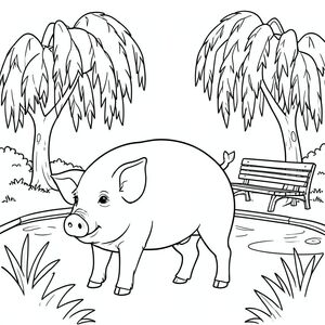 solo, chủ đề đơn, một đầu, hai mắt, hai tai, bốn chân, một đuôi, tỷ lệ tự nhiên, quy mô thích hợp trong môi trường, đúng giải phẫu, con lợn, công viên, ao, cây liễu, băng ghế, yên tĩnh, đơn giản, sạch sẽ, lý lịch, phong cảnh, tán lá, trang màu, nghệ thuật đường, nền trắng, solo, chủ đề đơn, đúng về mặt giải phẫu, giải phẫu hoàn hảo