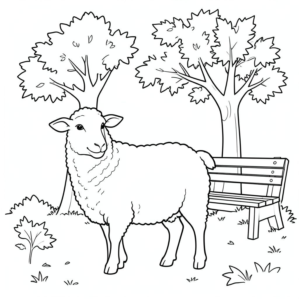 solo, chủ đề đơn, một đầu, hai mắt, hai tai, bốn chân, một đuôi, tỷ lệ tự nhiên, quy mô thích hợp trong môi trường, đúng giải phẫu, Cừu, cây sồi, lá mùa thu, băng ghế công viên, nhỏ, nền đơn giản, sạch sẽ, bằng phẳng, tự nhiên, sàn rừng, trang màu, nghệ thuật đường, nền trắng, solo, chủ đề đơn, chính xác về mặt giải phẫu, giải phẫu hoàn hảo