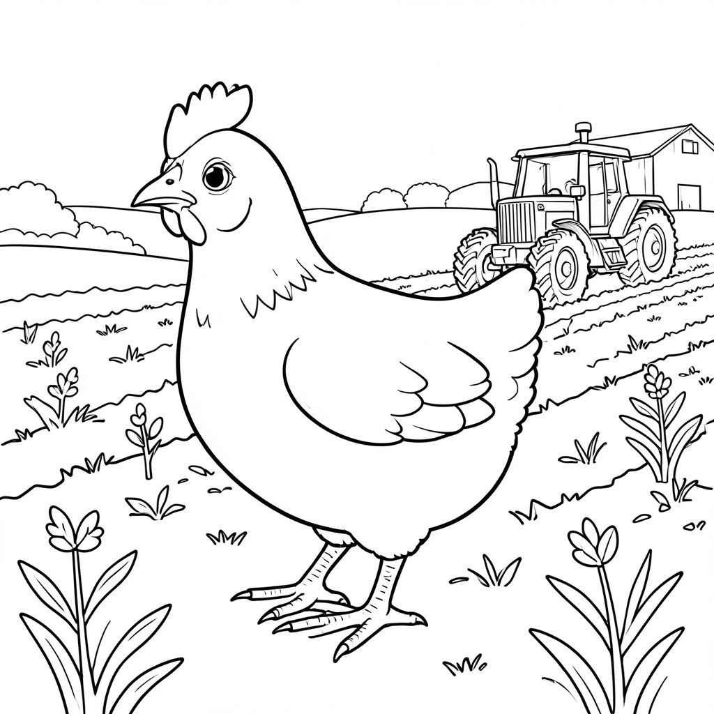 solo, một con chim, một đầu, hai mắt, một mỏ, hai cánh, hai chân, một đuôi, tỷ lệ tự nhiên, quy mô thích hợp trong môi trường, đúng giải phẫu, gà, cánh đồng cày xới, trồng mùa xuân, máy kéo, đơn giản, dọn dẹp, lý lịch, phong cảnh, nông thôn, đất nông nghiệp, đường chân trời, trang tô màu, nghệ thuật đường, nền trắng, solo, chủ đề đơn, chính xác về mặt giải phẫu, giải phẫu hoàn hảo