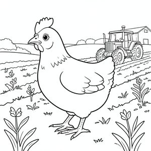 solo, một con chim, một đầu, hai mắt, một mỏ, hai cánh, hai chân, một đuôi, tỷ lệ tự nhiên, quy mô thích hợp trong môi trường, đúng giải phẫu, gà, cánh đồng cày xới, trồng mùa xuân, máy kéo, đơn giản, dọn dẹp, lý lịch, phong cảnh, nông thôn, đất nông nghiệp, đường chân trời, trang tô màu, nghệ thuật đường, nền trắng, solo, chủ đề đơn, chính xác về mặt giải phẫu, giải phẫu hoàn hảo