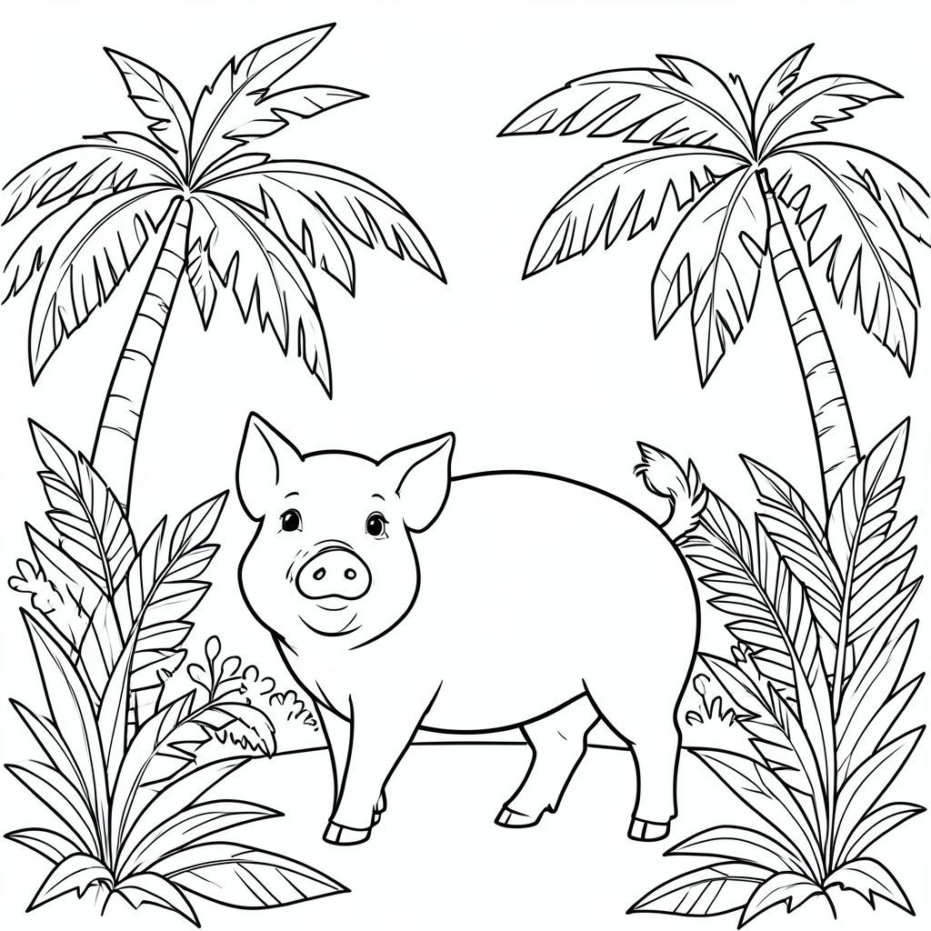 solo, chủ đề đơn, một đầu, hai mắt, hai tai, bốn chân, một đuôi, tỷ lệ tự nhiên, quy mô thích hợp trong môi trường, đúng giải phẫu, Con lợn, mái vòm thủy tinh, cọ nhiệt đới, tán lá, ánh sáng mặt trời, lá, rõ ràng, mở rộng, rộng, khung, trang màu, nghệ thuật đường nét, nền trắng, solo, chủ đề đơn, đúng giải phẫu, giải phẫu hoàn hảo