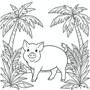 solo, chủ đề đơn, một đầu, hai mắt, hai tai, bốn chân, một đuôi, tỷ lệ tự nhiên, quy mô thích hợp trong môi trường, đúng giải phẫu, Con lợn, mái vòm thủy tinh, cọ nhiệt đới, tán lá, ánh sáng mặt trời, lá, rõ ràng, mở rộng, rộng, khung, trang màu, nghệ thuật đường nét, nền trắng, solo, chủ đề đơn, đúng giải phẫu, giải phẫu hoàn hảo