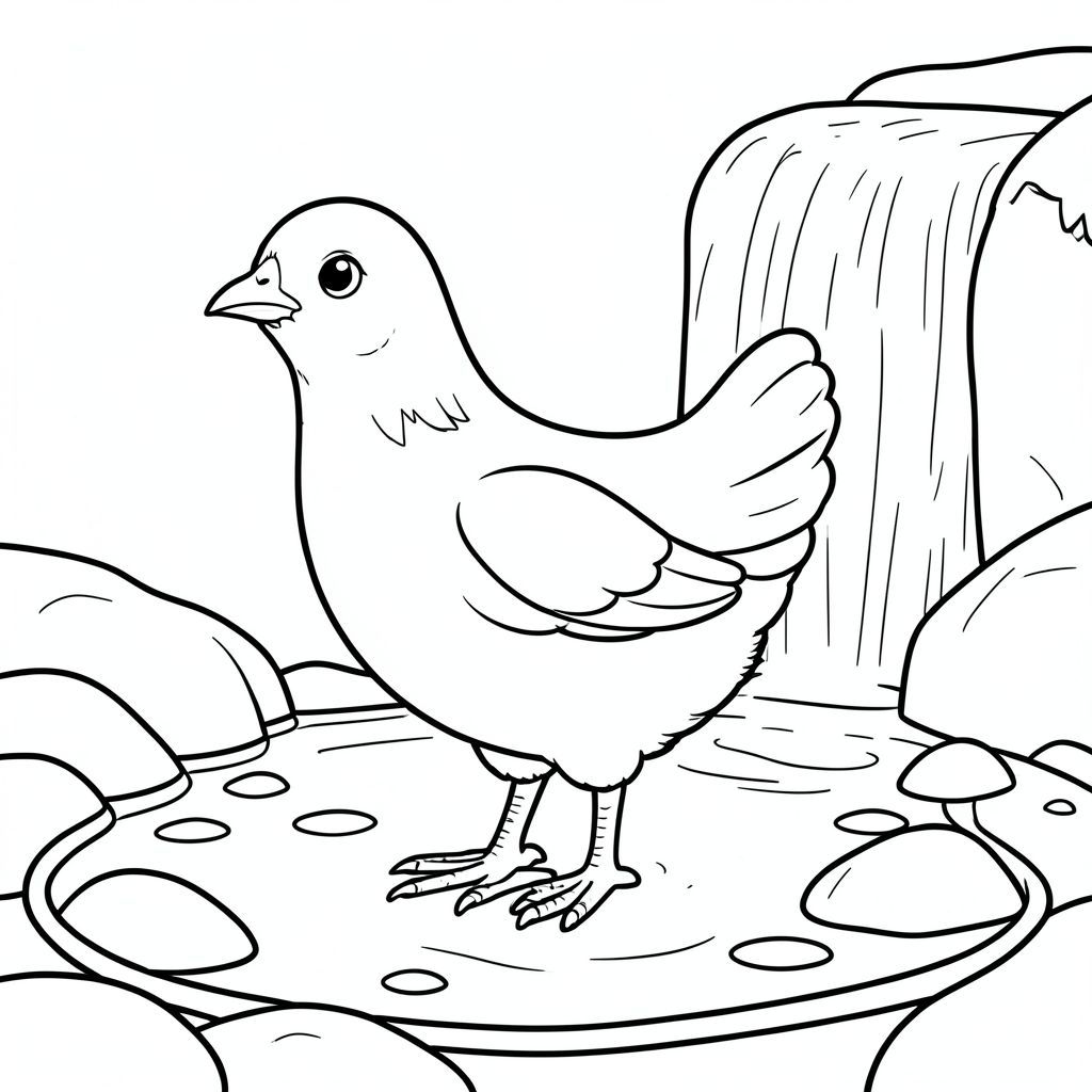 solo, một con chim, một đầu, hai mắt, một mỏ, hai cánh, hai chân, một đuôi, tỷ lệ tự nhiên, quy mô thích hợp trong môi trường, đúng giải phẫu, gà, thác nước, hồ đá, nước trong, nhỏ, nông, đá, mịn, đơn giản, lý lịch, làm sạch, trang màu, nghệ thuật đường, nền trắng, solo, chủ đề đơn, chính xác về mặt giải phẫu, giải phẫu hoàn hảo