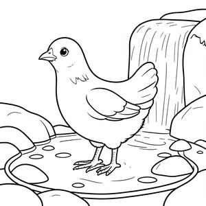 solo, một con chim, một đầu, hai mắt, một mỏ, hai cánh, hai chân, một đuôi, tỷ lệ tự nhiên, quy mô thích hợp trong môi trường, đúng giải phẫu, gà, thác nước, hồ đá, nước trong, nhỏ, nông, đá, mịn, đơn giản, lý lịch, làm sạch, trang màu, nghệ thuật đường, nền trắng, solo, chủ đề đơn, chính xác về mặt giải phẫu, giải phẫu hoàn hảo