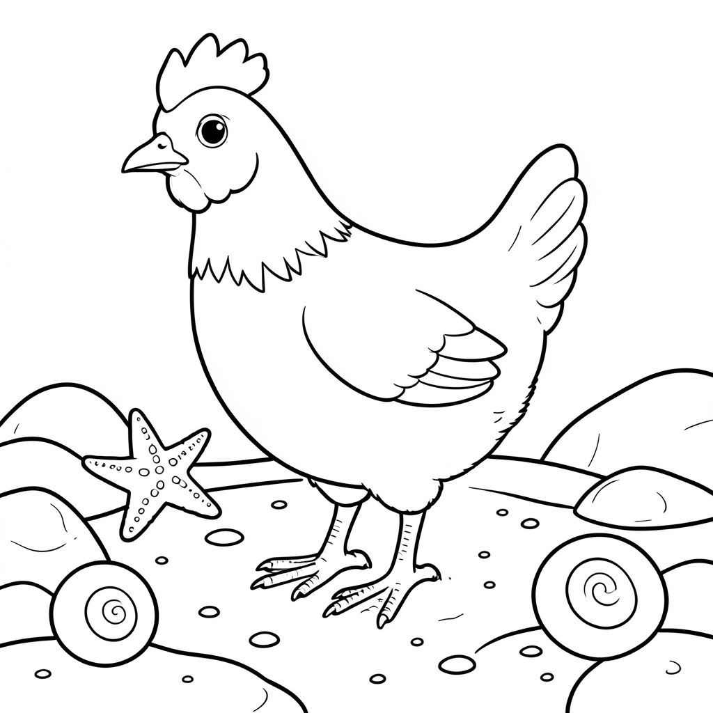 solo, một con chim, một đầu, hai mắt, một mỏ, hai cánh, hai chân, một đuôi, tỷ lệ tự nhiên, quy mô thích hợp trong môi trường, chính xác về mặt giải phẫu, gà, Hồ thủy triều, sao biển, ốc sên, đá, cát, nước, trong sáng, ánh sáng mặt trời, mờ, chiều sâu, trang màu, nghệ thuật đường, nền trắng, solo, chủ đề đơn, chính xác về mặt giải phẫu, giải phẫu hoàn hảo