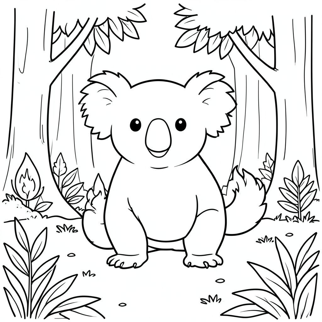 solo, chủ đề đơn, một đầu, hai mắt, hai tai, bốn chân, một đuôi, tỷ lệ tự nhiên, quy mô thích hợp trong môi trường, đúng giải phẫu, Koala, dọn rừng, hoàng hôn, cây, lá, ấm áp, ánh lửa, vòng tròn, nhỏ, ấm cúng, đơn giản, tô màu, nghệ thuật đường, nền trắng, solo, chủ đề đơn, đúng giải phẫu, giải phẫu hoàn hảo