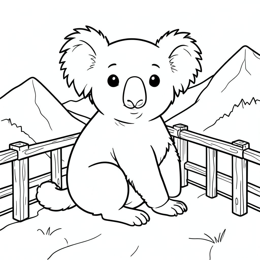 solo, chủ đề đơn, một đầu, hai mắt, hai tai, bốn chân, một đuôi, tỷ lệ tự nhiên, quy mô thích hợp trong môi trường, đúng giải phẫu, Koala, núi, quan điểm, quan sát, Lan can, Bằng gỗ, đơn giản, dọn dẹp, lý lịch, Sách truyện, tinh khiết, trang màu, nghệ thuật đường, nền trắng, Solo, chủ đề đơn, Đúng về mặt giải phẫu, Giải phẫu hoàn hảo