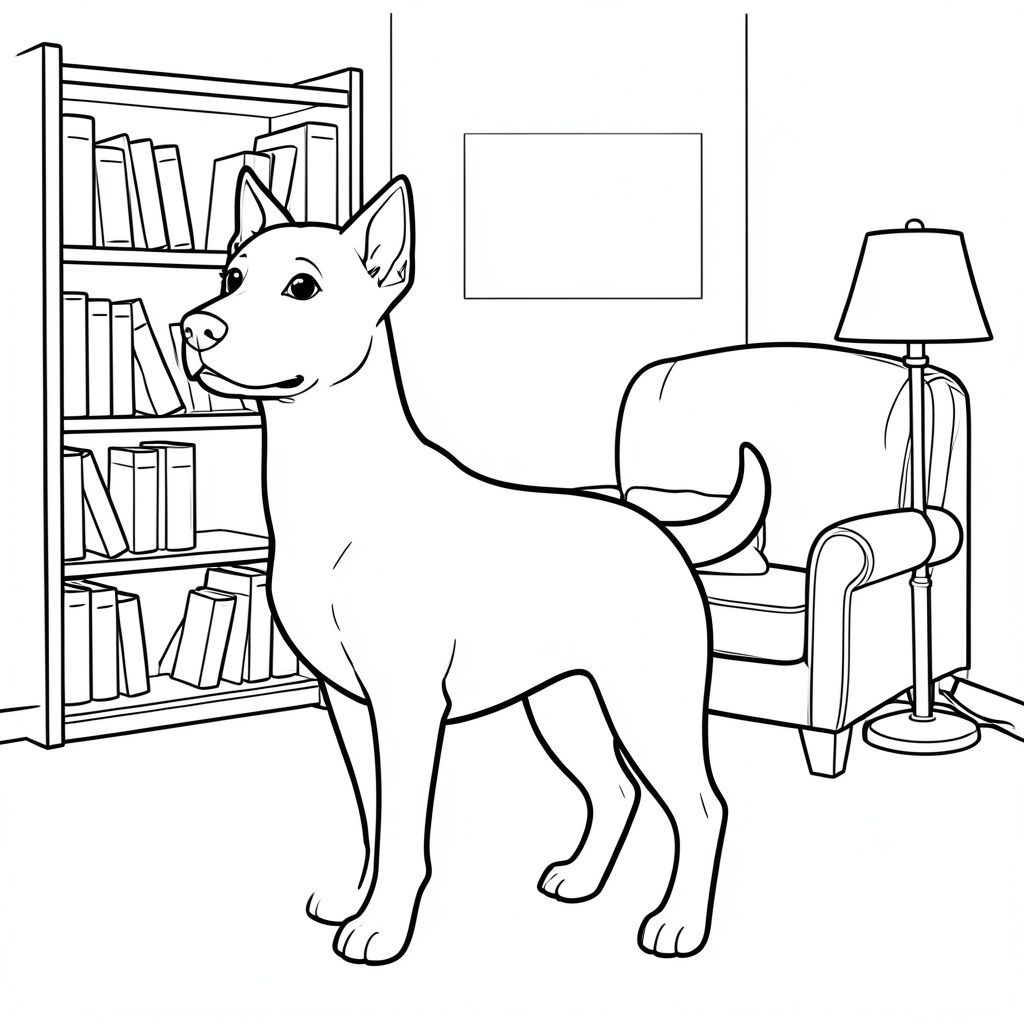 solo, chủ đề đơn, một đầu, hai mắt, hai tai, bốn chân, một đuôi, tỷ lệ tự nhiên, quy mô thích hợp trong môi trường, đúng giải phẫu,, giá sách, ghế bành, đèn, ấm cúng, Den, đơn giản, sạch sẽ, lý lịch, Vẽ tay, Sách truyện, trang tô màu, nghệ thuật đường nét, nền trắng, Solo, chủ đề đơn, đúng về mặt giải phẫu, giải phẫu hoàn hảo