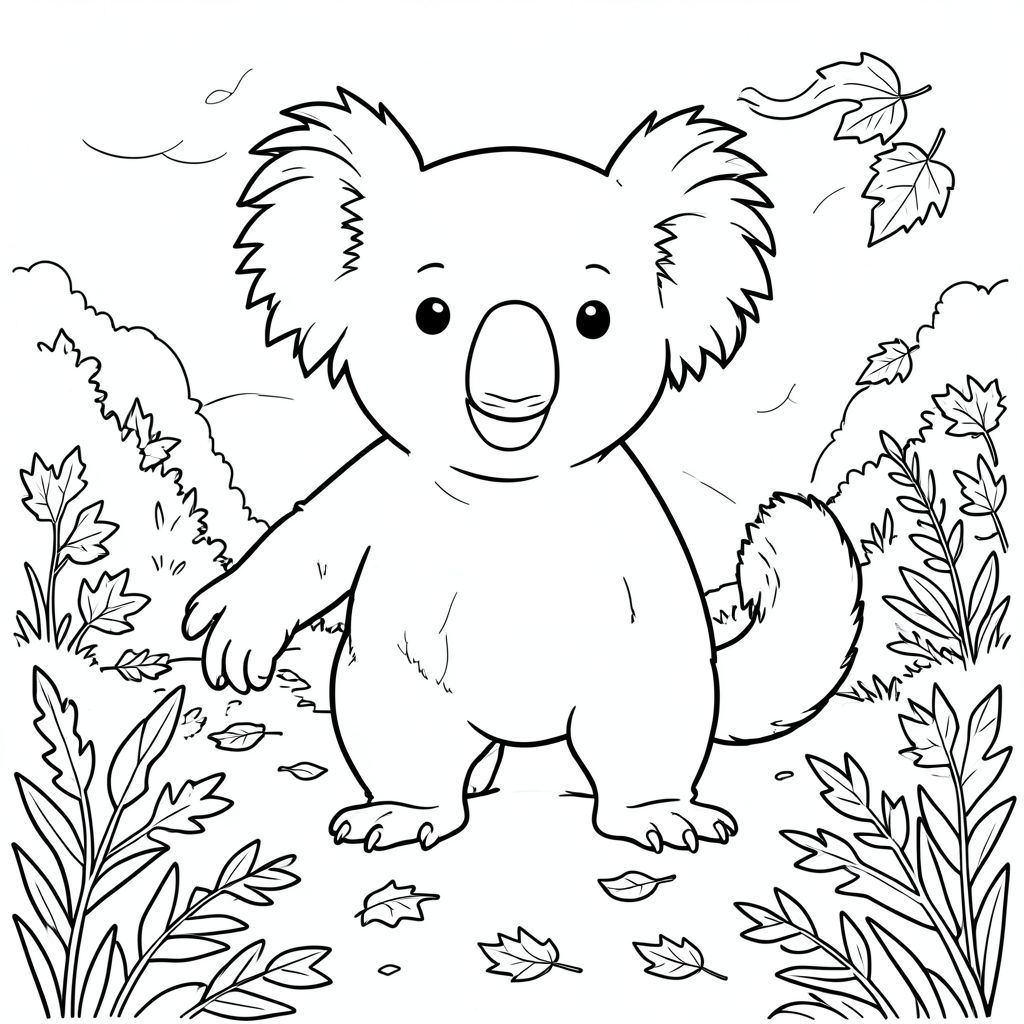 solo, chủ đề đơn, một đầu, hai mắt, hai tai, bốn chân, một đuôi, tỷ lệ tự nhiên, quy mô thích hợp trong môi trường, đúng về mặt giải phẫu, Koala, Lá mùa thu, gió, con đường, tán lá, thổi, rải rác, khô, trong sáng, Bầu trời, u ám, trang tô màu, nghệ thuật đường, nền trắng, solo, chủ đề đơn, đúng về mặt giải phẫu, giải phẫu hoàn hảo