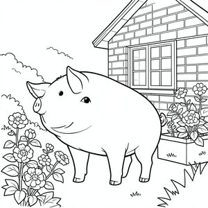 solo, chủ đề đơn, một đầu, hai mắt, hai tai, bốn chân, một đuôi, tỷ lệ tự nhiên, quy mô thích hợp trong môi trường, đúng giải phẫu, Con lợn, hộp cửa sổ, phong lữ, nhà gạch, phía trước, đơn giản, dọn dẹp, vườn, lý lịch, tán lá, đơn giản, trang tô màu, nghệ thuật đường, nền trắng, solo, chủ đề đơn, đúng về mặt giải phẫu, giải phẫu hoàn hảo