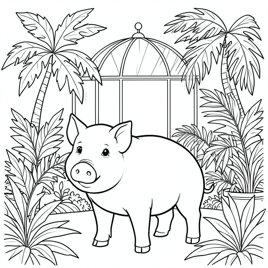 solo, chủ đề đơn, một đầu, hai mắt, hai tai, bốn chân, một đuôi, tỷ lệ tự nhiên, quy mô thích hợp trong môi trường, đúng giải phẫu, con lợn, mái vòm thủy tinh, cọ nhiệt đới, tán lá, ánh sáng mặt trời, trong sáng, tươi tốt, nhiệt đới, trong nhà, nhà kính, phòng, trang màu, nghệ thuật đường, nền trắng, solo, chủ đề đơn, chính xác về mặt giải phẫu, giải phẫu hoàn hảo