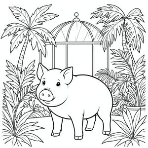 solo, chủ đề đơn, một đầu, hai mắt, hai tai, bốn chân, một đuôi, tỷ lệ tự nhiên, quy mô thích hợp trong môi trường, đúng giải phẫu, con lợn, mái vòm thủy tinh, cọ nhiệt đới, tán lá, ánh sáng mặt trời, trong sáng, tươi tốt, nhiệt đới, trong nhà, nhà kính, phòng, trang màu, nghệ thuật đường, nền trắng, solo, chủ đề đơn, chính xác về mặt giải phẫu, giải phẫu hoàn hảo