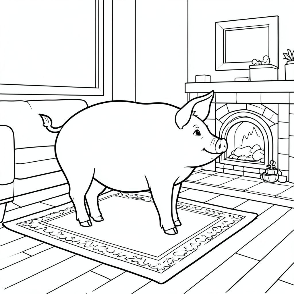 solo, chủ đề đơn, một đầu, hai mắt, hai tai, bốn chân, một đuôi, tỷ lệ tự nhiên, quy mô thích hợp trong môi trường, đúng giải phẫu, con lợn, lò sưởi, thảm, sàn gỗ, ấm cúng, ấm áp, đơn giản, dọn dẹp, nội thất, phòng khách, mẫu, trang màu, nghệ thuật đường, nền trắng, solo, chủ đề đơn, đúng giải phẫu, giải phẫu hoàn hảo