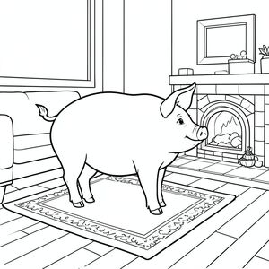 solo, chủ đề đơn, một đầu, hai mắt, hai tai, bốn chân, một đuôi, tỷ lệ tự nhiên, quy mô thích hợp trong môi trường, đúng giải phẫu, con lợn, lò sưởi, thảm, sàn gỗ, ấm cúng, ấm áp, đơn giản, dọn dẹp, nội thất, phòng khách, mẫu, trang màu, nghệ thuật đường, nền trắng, solo, chủ đề đơn, đúng giải phẫu, giải phẫu hoàn hảo