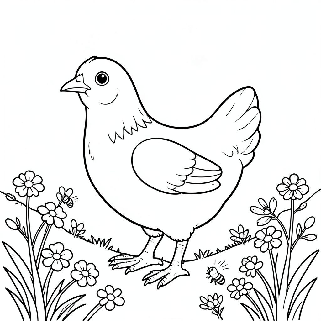 solo, một con chim, một đầu, hai mắt, một mỏ, hai cánh, hai chân, một đuôi, tỷ lệ tự nhiên, quy mô thích hợp trong môi trường, đúng giải phẫu, gà, quả mọng, sườn đồi, nắng, cỏ, hoa dại, ong, vo ve, nhỏ, đơn giản, sạch sẽ, trang màu, nghệ thuật đường, nền trắng, solo, chủ đề đơn, chính xác về mặt giải phẫu, giải phẫu hoàn hảo